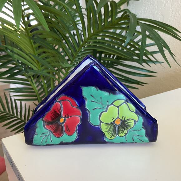 Mexican Talavera Folk Art Hand Painted Ceramic Napkin Holder 4 x 6 - Picture 1 of 9